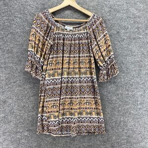 Olivia Matthews Dress Women S Small Beige Striped Shift Short 3/4 Sleeve Rayon